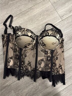 Sheer Lace Longline Bustier Corset - Black & Nude